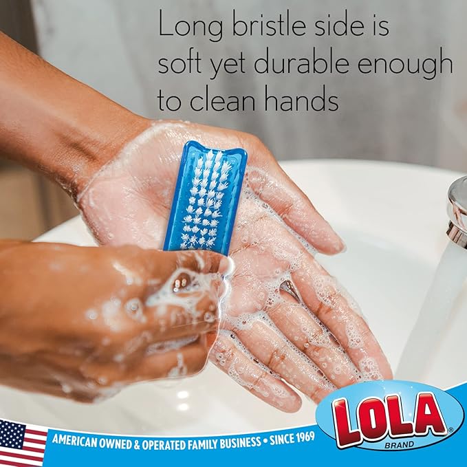 LOLA Classic Hand & Nail Brush, 2 Sided - 144 Pack, Soft & Stiff, Comfortable No-Slip Grip, Cleans Hands & Fingernails, Assorted Colors