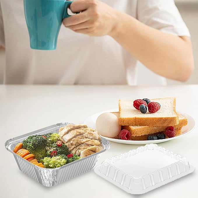 100 Pack 2 lb Rectangular Disposable Aluminum Foil Pan 32 oz Take Out Food Containers with Clear Plastic Dome Lids, for Catering, Baking, Roasting Food