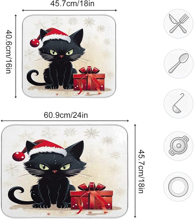 Christmas Dish Drying Mat Kitchen Counter Absorbent Black Cat Coffee Sink Mat Dish Drainer Pad 18 Inch x 24 Inch