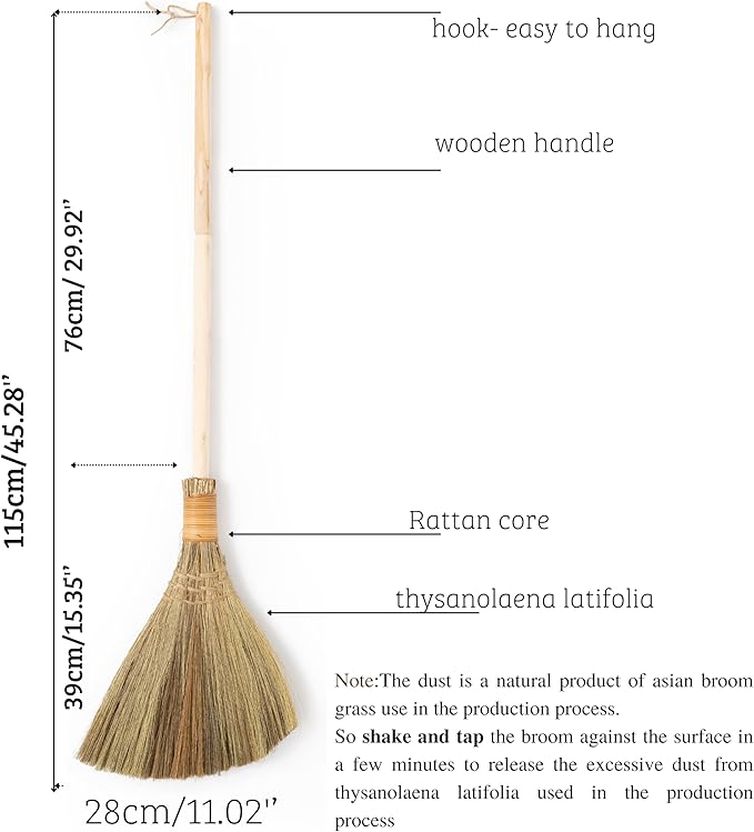Vietnamese Natural Whisk Broom - Straw Soft Broom - Long Handle Broomstick for Cleaning, Decoration, Wedding with 45.28 inch Length