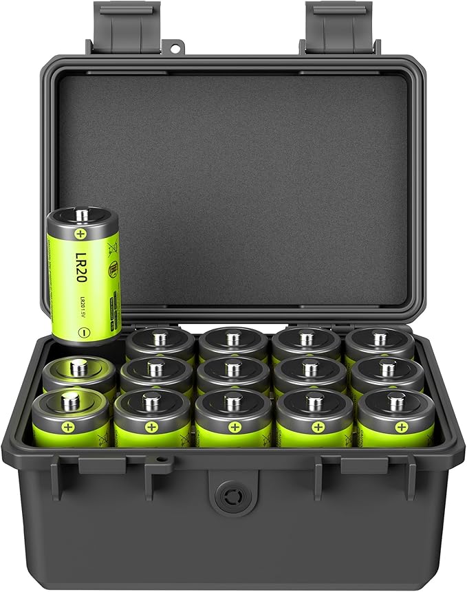 KIWIFOTOS 15 Slots D Battery Organizer Storage Case IP67 Waterproof D Cell LR20 Alkaline Batteries Holder Containers Shockproof for Household Outdoor Camping All-Purpose