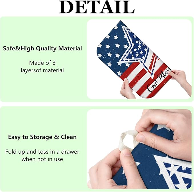 4th of July Dish Drying Mat for Kitchen Counter,Independence Day Stars Memorial Fallen Soldiers Microfiber Drying Mat, Washable Absorbent Patriot Kitchen Countertop Dish Mat Draining Mat 16×18 Inch