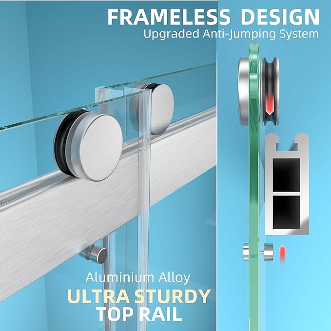 GETPRO Sliding Shower Door 57-60" W x 79" H Frameless Bathroom Double Sliding Glass Doors 3/8 Inch Clear Tempered Glass Door for Walk-in Shower with Soft Close and Width Adjustable Brushed Nickel