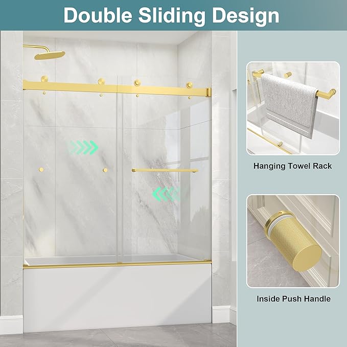 KPUY Frameless Tub Shower Door, 55-60" W x 60" H Double Sliding Bathtub Door, 1/4" (6mm) Thick Tempered Clear Glass with Explosion-Proof Film Nano Coating, Brushed Gold