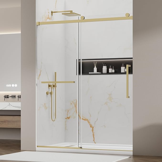 Frameless Sliding Shower Door 56–60" W x 76" H, 5/16" Tempered Glass with Dual-Sided Easy to Clean Coating, Shower Glass Door with SUS304 Stainless Steel Hardware & 20" Towel Rack, Brushed Gold