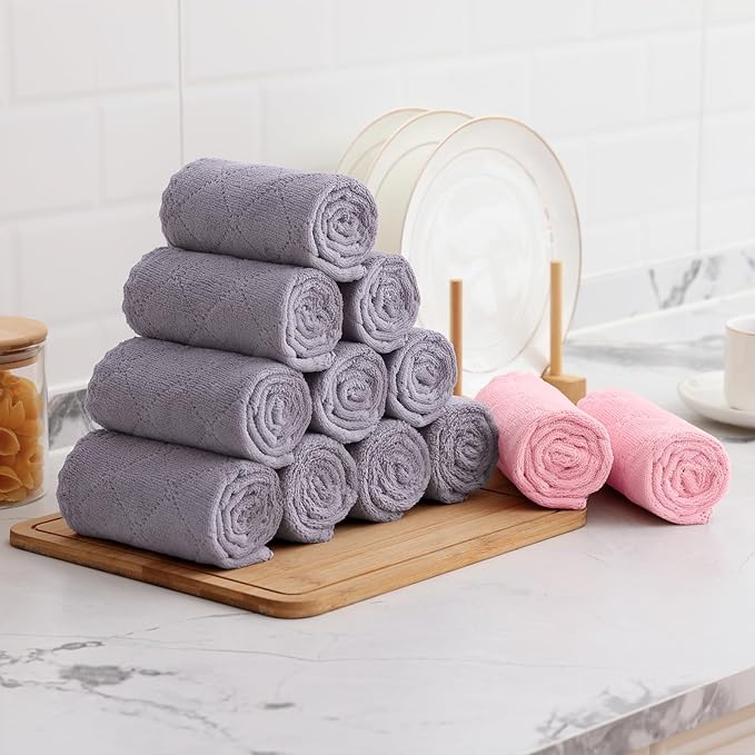 Mordimy 24 Pack Kitchen Towels (20" x 10", Grey & Pink), Super Soft and Absorbent Dish Towels, Coral Velvet Microfiber Cleaning Cloth, Nonstick Oil Fast Dry Dish Cloths