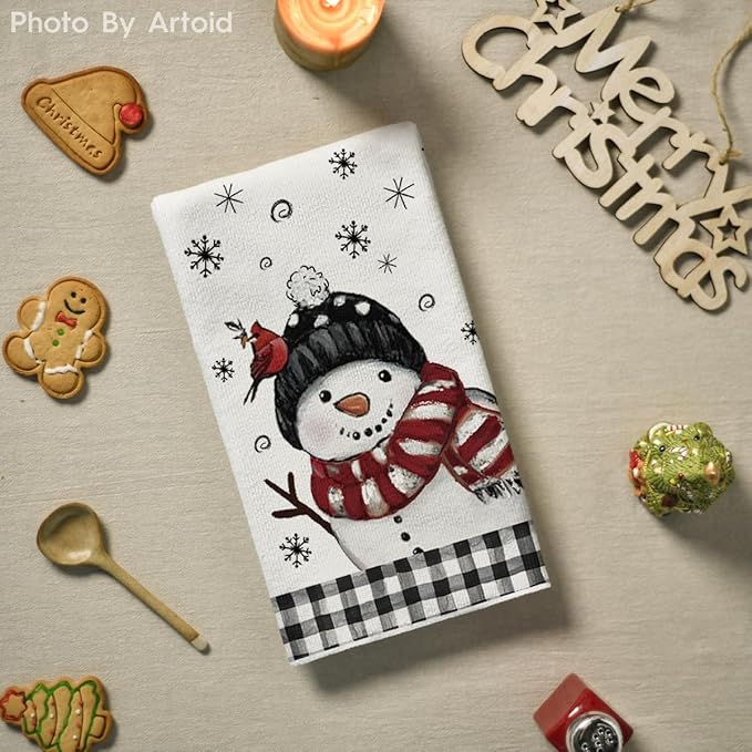 Artoid Mode Black Red Xmas Tree Snowman Christmas Kitchen Towels Dish Towels, 18x26 Inch Holiday Bird Believe Winter Decoration Hand Towels Set of 2