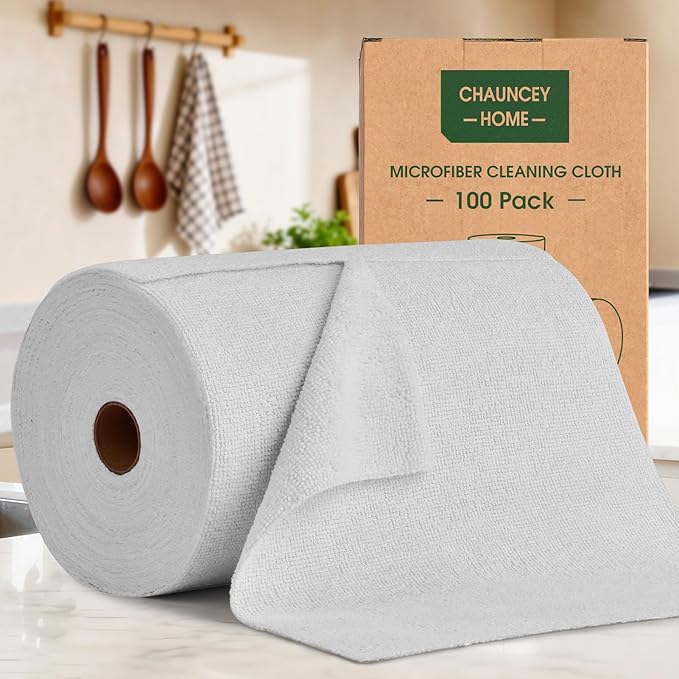 Microfiber Cleaning Cloth Roll - 100 Pack Tear Away Microfiber Paper Towels, Reusable, Washable, Scratch-Free, Kitchen Towels for Car, Home, Kitchen, Glass, Dishes (Light Grey)