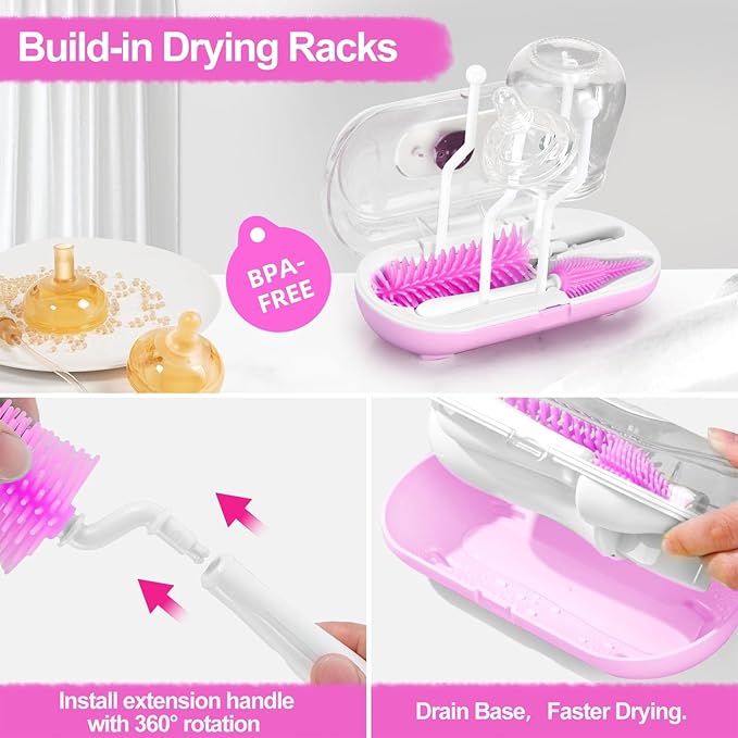 Bottle Brush Set with Drying Rack,Travel Bottle Cleaner Kit with Baby Bottle Brush,Straw Cleaner Brush,Nipple Brush-Baby Travel Essentials for Flying (Purple, Box-Shaped)