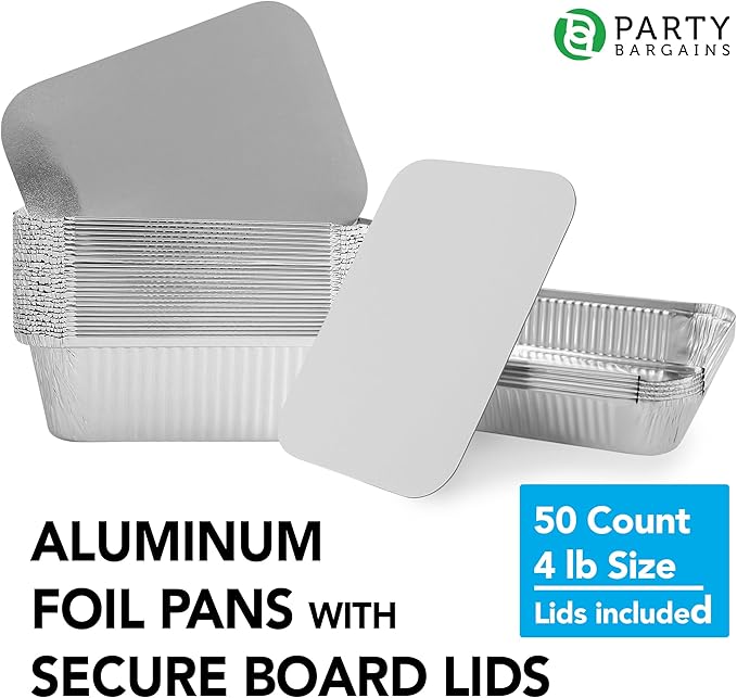 PARTY BARGAINS 4 lb Aluminum Pans with Board Lids, 50 Pack – 12 x 8 in Disposable Foil Roasting & Steam Table Pans for Catering, Takeout, Meal Prep, Oven Safe up to 240°C