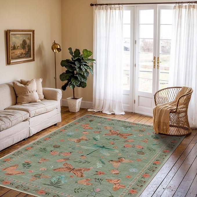 3x5 Rug for Entryway Bedroom, Green 3x5 Washable Area Rug, Floral Vintage Retro Boho Throw Rug, Non Slip & Low Pile Small Carpet for Indoor Kitchen, Bedside, Living Room, Bathroom and Dining