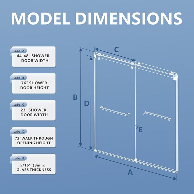 44-48" W x 76" H Frameless Shower Door, Double Sliding Glass Shower Door with 5/16" (8mm) Clear SGCC Tempered, Roller Disc System, 304 Stainless Steel (Matte Black, 44-48" W*76" H)
