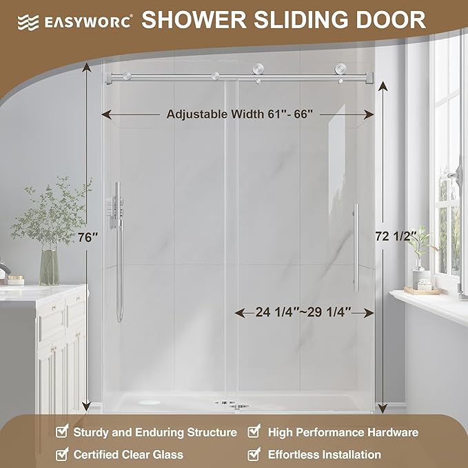 Frameless Glass Shower Door, 61-66" W x 76" H Sliding Frameless Shower Door, 1/4''(6mm) SGCC Tempered Glass, Explosion-Proof Film Nano Coating, Stainless Steel Hardware, Brushed Nickel