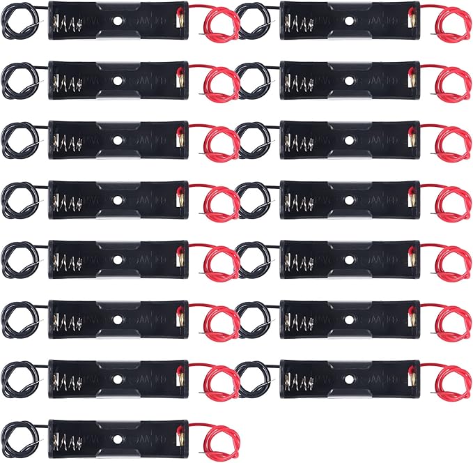 15PCS AA Battery Holder Bundle with Wire 2A Battery Holder Case 1.5V, 1 x 1.5V Series DIY Battery Storage Boxes, 1 Slot Black Plastic Batteries Case for AA Battery