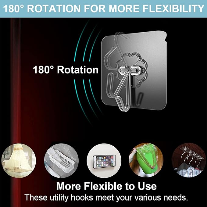 Wall Hooks - 33 lbs Max, Transparent, Seamless, Waterproof & Oilproof - Heavy Duty Adhesive Coat & Towel Hooks(20 Pack)