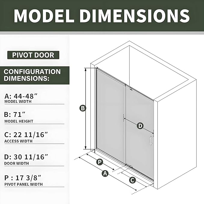 44-48" W x 71" H Pivot Glass Shower Door,1/4"(6mm) Thick SGCC Tempered Rain Glass,Matte Black Shower Door Adjustable Width,Reversible Installation