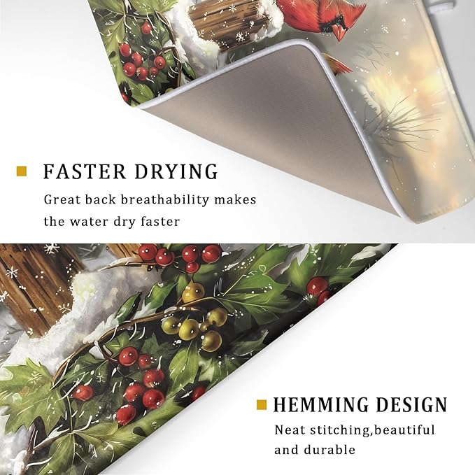 Winter Dish Drying Mat for Kitchen Counter 18x24 Inch Red Birds Cardinal Tree Christmas Theme Print Absorbent Reversible Microfiber Drying Mats Kitchen Countertop Protector Dishes Drainer Rack Pad