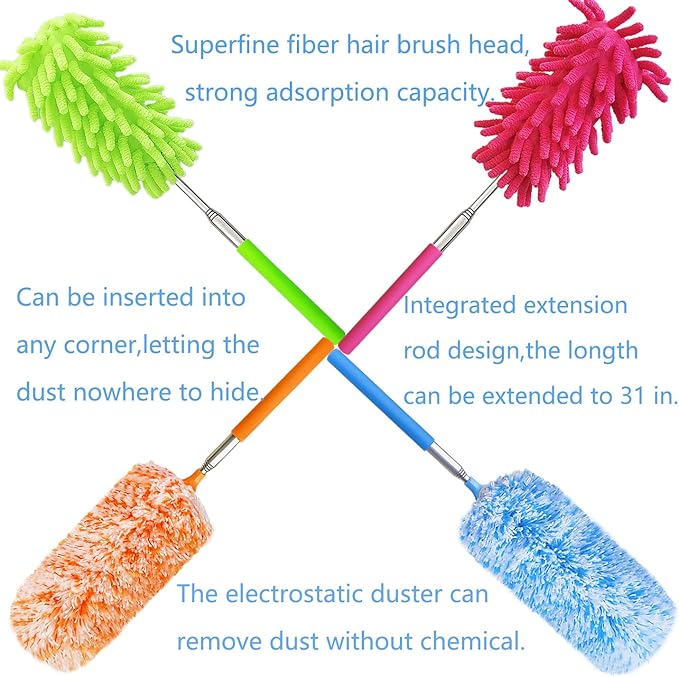4 Pack Multi-Head Duster Kit, 13" to 30" Extendable Pole, Microfiber & Chenille Heads, Blue, Green, Orange, Multicolor, Washable, Bendable, For Furniture & Wall