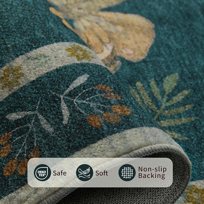 3x5 Rug for Entryway Bedroom, Green 3x5 Washable Area Rug, Floral Vintage Retro Boho Throw Rug, Non Slip & Low Pile Small Carpet for Indoor Kitchen, Bedside, Living Room, Bathroom and Dining