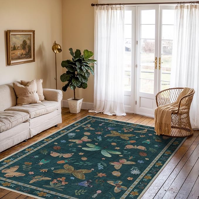 3x5 Rug for Entryway Bedroom, Green 3x5 Washable Area Rug, Floral Vintage Retro Boho Throw Rug, Non Slip & Low Pile Small Carpet for Indoor Kitchen, Bedside, Living Room, Bathroom and Dining