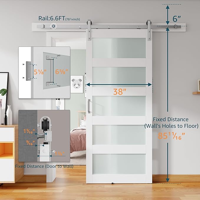 38'' x 84'' Glass Barn Door and 6.6 Ft Brushed Nickel Hardware Kit Included, MDF White Barn Door Slab with Frosted Glass, PVC Surface, Combined with Handle and Floor Guide-Assembly Required