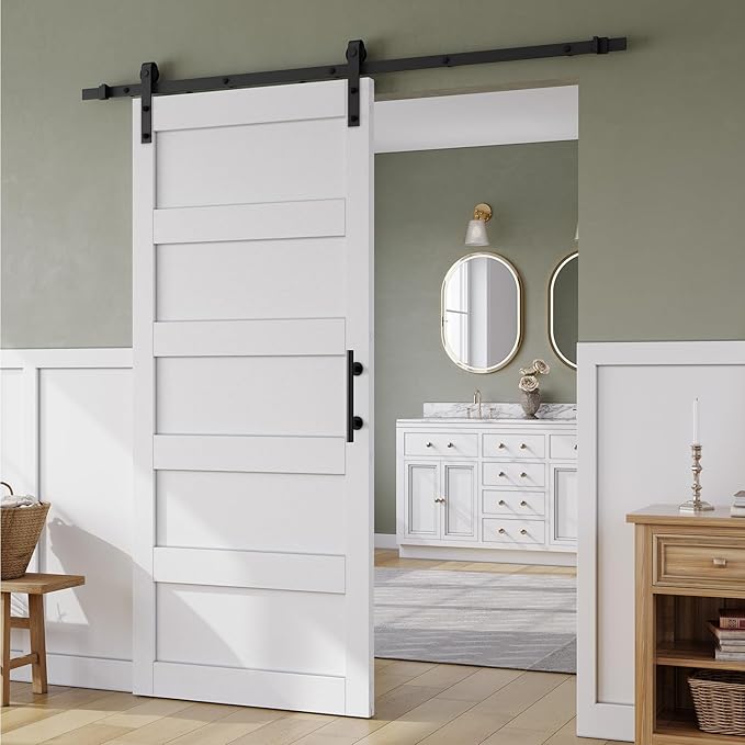 SmartStandard 34in x 84in Sliding Barn Door with 6FT Barn Door Hardware Track Kit & Handle, Waterproof PVC Surface, Pre-Drilled Holes Easy to Assemble, Solid, MDF, White, 5-Panel