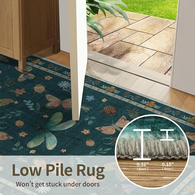 3x5 Rug for Entryway Bedroom, Green 3x5 Washable Area Rug, Floral Vintage Retro Boho Throw Rug, Non Slip & Low Pile Small Carpet for Indoor Kitchen, Bedside, Living Room, Bathroom and Dining