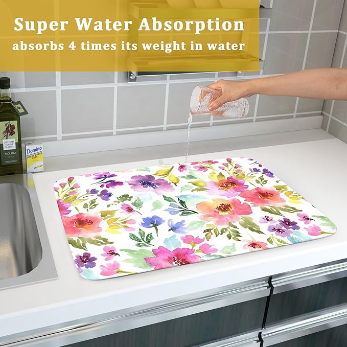 Spring Floral Dish Drying Mat for Kitchen Counter Flower Microfiber Absorbent Dish Draining Reusable Washable Foldable Extra Large 18"x24"