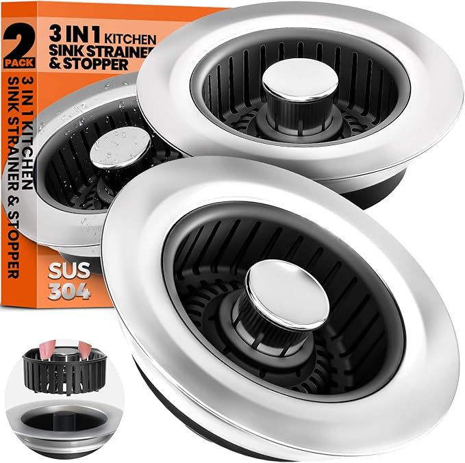 Kitchen Sink Drain Strainer & Sink Stopper, Upgraded Stainless Steel Drain Plug Combo with Anti-Clog Basket, Pop Up Drain Cover for Standard 3-1/2'',Garbage Disposal Parts