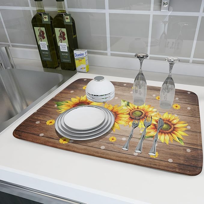 Summer Sunflower Bee Dish Drying Mat for Kitchen Counter,Rustic Yellow Flowers White Polka Dots Drying Mat 18 x 24 Inch with Absorbent Reversible Microfiber Drying Pad for Coffee Bar