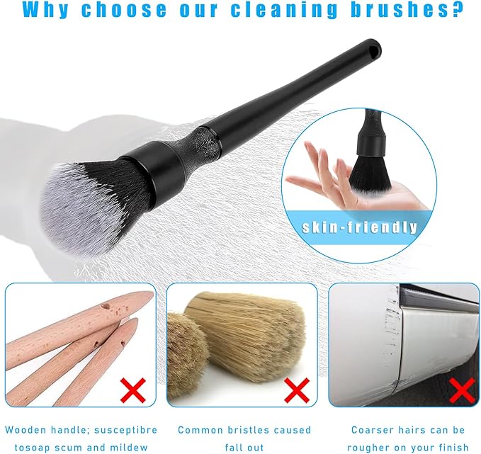 Ziciner Car Detailing Brush, Ultra Soft Car Detail Brush Kit for Elegant Surfaces, Auto Scratch-Free Cleaner Kit for Car Interior & Exterior, Wheels, Dashboard, Engine Bay (Long Handle)