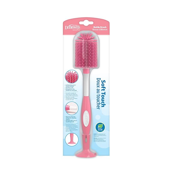 Dr. Brown's Soft Touch No Scratch Baby Bottle Cleaning Brush, Pink, 1-Pack + Deluxe Baby Bottle Brush with Vent Cleaning Brush, BPA-Free, Blue, 1-Pack