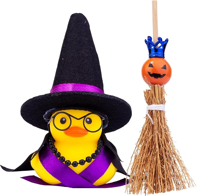 Halloween Duck Car Ornament, Rubber Duck Car Dashboard Decor with Mini Witch Hat Sash Glasses Cloak Mini Broom