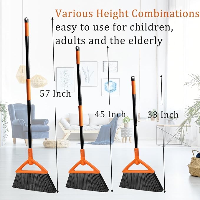 Heavy Duty Angle Broom 1 Pack - Orange Broom for Outdoor & Indoor, Garage, Driveway, Sidewalk, Kitchen & More, Long Handle