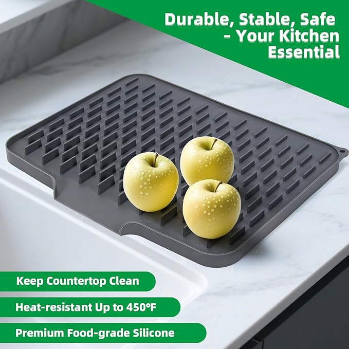 LONGKING Grey Non-Slip Dish Drying Mat - Multi-Use Silicone Mat & Dish Drying Rack for Kitchen Counter