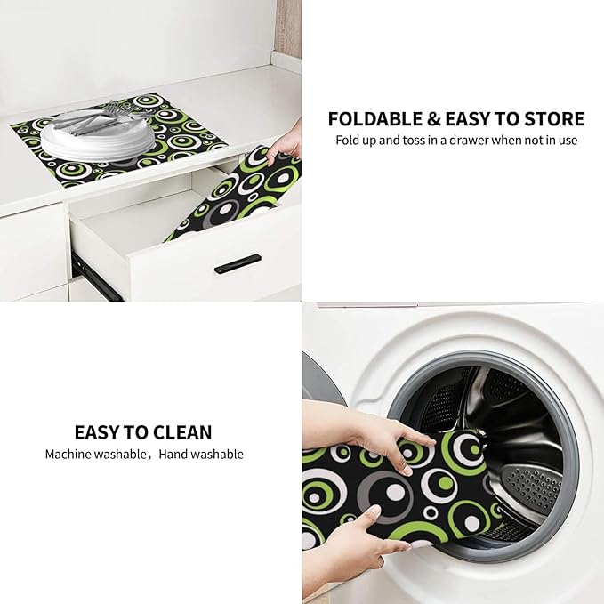 Green Black Gray Geometric Circle Dish Drying Mat for Kitchen Counter, 16" x 18" Absorbent Microfiber Modern Drying Pad for Dish Drainer, Washable, Foldable for Kitchen Gadgets, Multi-Use, Home Decor