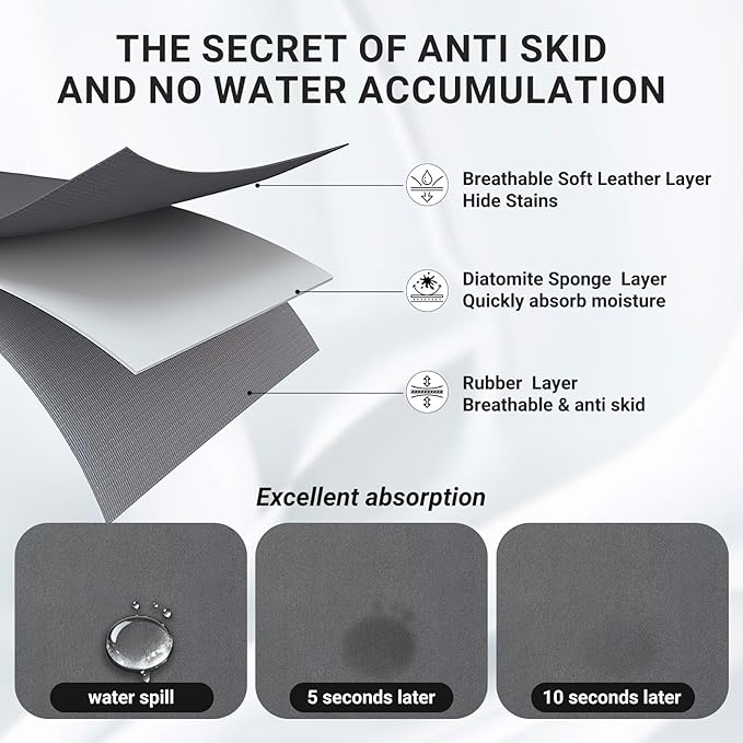 Kitchen Drying Mat, 24x16 Inch, Dark Gray Bar Mat, Absorbent Hide Stain Rubber Backed Dish Drying Mat for Kitchen Counter, Mats for Countertops, Under Coffee Bar Maker Machine Pot Espresso Machine