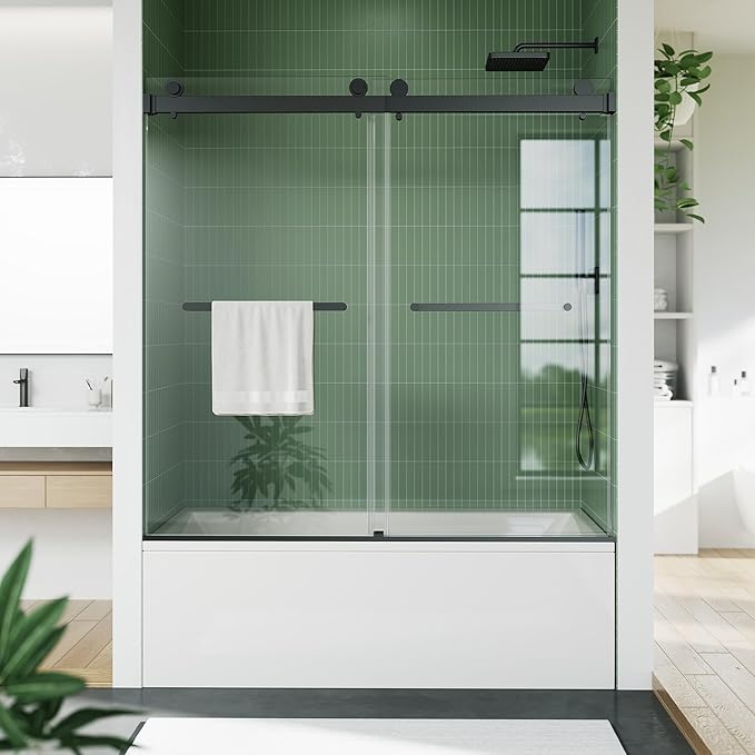 Bathtub Shower Door, 60" W x 59" H Sliding Shower Door for Standard 60 Inch Bathtubs, 1/4" (6mm) SGCC Tempered Glass with Matte Black Finish and 304 Stainless Steel Hardware