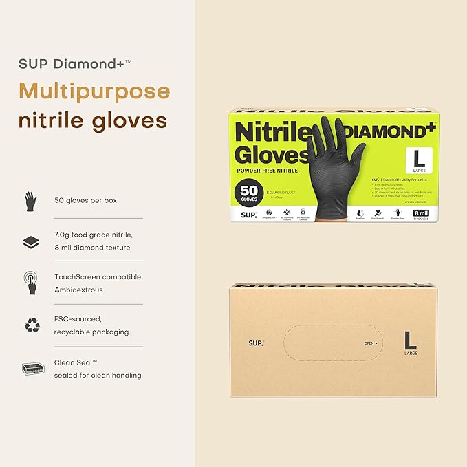 SUPER+ HEAVY DUTY Nitrile Gloves 8 Mil Diamond Texture Disposable Chemical Resistant Powder &Latex Free Food Safe Black 50 Ct
