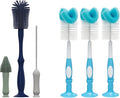 Dr. Brown's Silicone Cleaning Brush Set with Bottle, Spout, and Straw Brush, 3-Pack + Baby Bottle Sponge Brush, Blue, 3-Pack