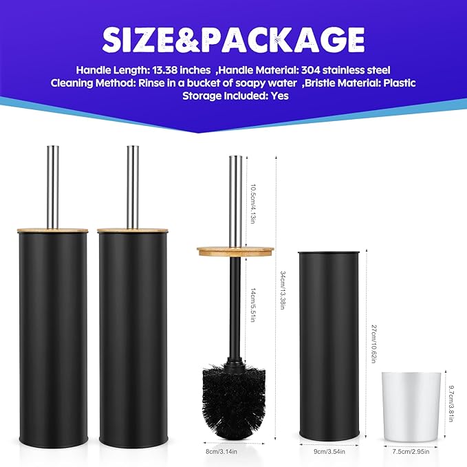 Compact Toilet Brush and Holder 2 Pack,SetStainless Steel Handle Toilet Brush,Deep Cleaning,Durable Nylon bristles,Splash-Proof Design(White&Black)