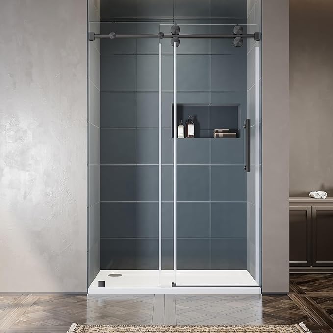 50-55 Inch x 80 Inch Sliding Frameless Shower Door, 3/8" Tempered Glass with Easy-Cleaning Coating, Stainless Steel Rollers & SGCC-Certified Stability, Space Gray