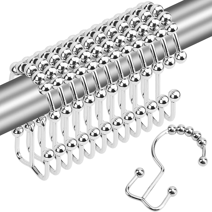 Shower Curtain Hooks,Sturdy Stainless Steel Double Sided Shower Hooks Rings for Bathroom Shower Curtain Rods Curtains Set of 12 Hooks - Chrome