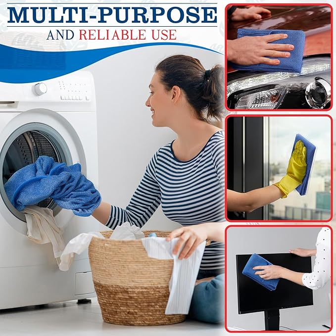 Huck Towels -12 Pack 24"x16.5" Cotton Blue Shop Towels - Large Cotton Rags for Cleaning, Reusable Cloths for Kitchen, Bar, Garage, Housekeeping | Absorbent Cleaning Cloths for Wiping & Polishing