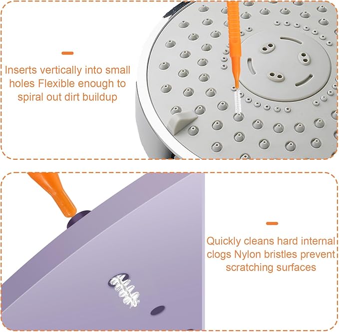 Shower Head Cleaner Tool Kit for Small Hole, 2 Designs Showerhead Cleaning Brushes & Multi-Size Picks for Tiny Nozzle Gaps Deep Clean Unclogging Brush Set (Orange)
