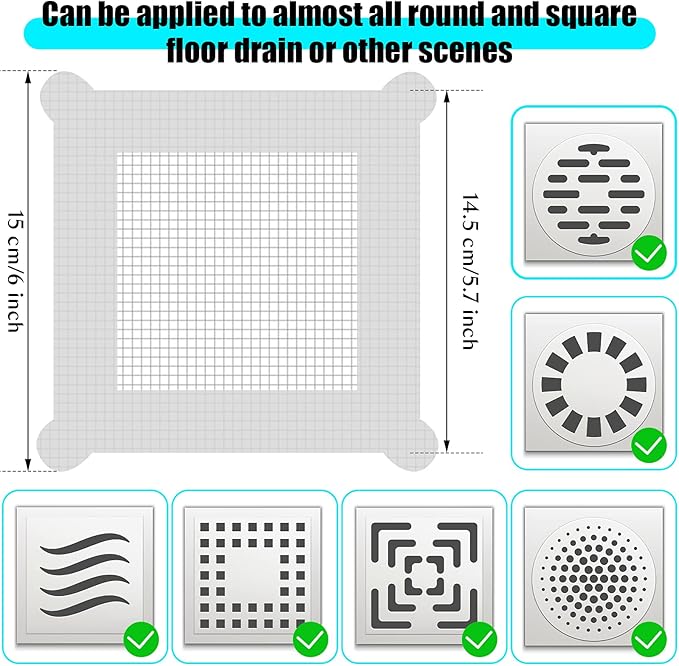 Chengu 50 Pcs 5.7 Inch Disposable Hair Catcher Shower Drain Stickers Square Mesh Shower Drain Catcher Cover Stickers Bathtub Stopper Decals with 5 mm Holes for Bathroom Kitchen Sink Filter Accessories