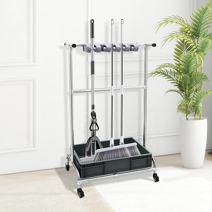 Broom and Mop Holder Put Wet Mops Movable Floor-Mounted Mop Rack Floor Standing Cleaning Tool Cart Storage with 12 Pack and Wheel Broom Holder Organizer for Garden,Garage, Shed, Outdoor
