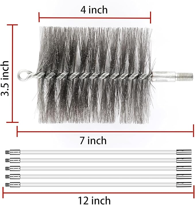 50-inch Long Tent Wood Burning Stove Pipe Cleaning Brush with Stainless Steel Bristles, and Chimney Cleaning Wire Brush with 4 Flexible Rods, 3.5'' Brush Heads