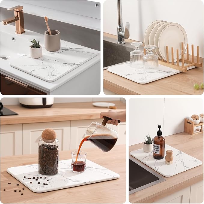 2 Pack Quick Dry Stone Drying Mat for Kitchen Counter, Water-Absorbent Diatomaceous Dish Drying Mats, Multi-Purpose Stone Drying Tray for Cups Dishes Bottles, White-Marble