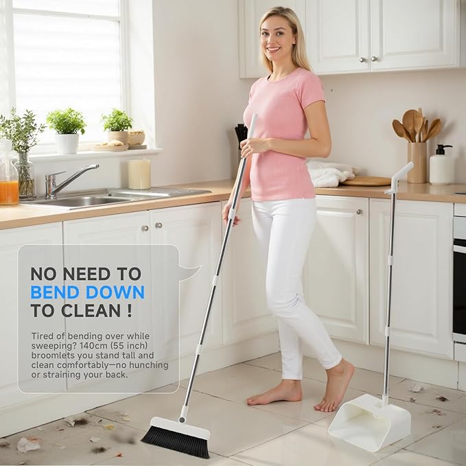 Magic Broom and Dustpan Set with Silicone Broom Squeegee, 55'' Broom with Dustpan Combo Set Self-Cleaning Teeth Design Upright Standing Dustpan for Indoor Floor Home Kitchen